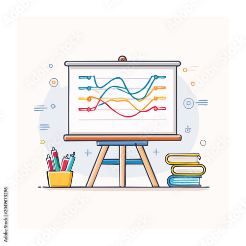 Flat design illustration of a presentation board with charts