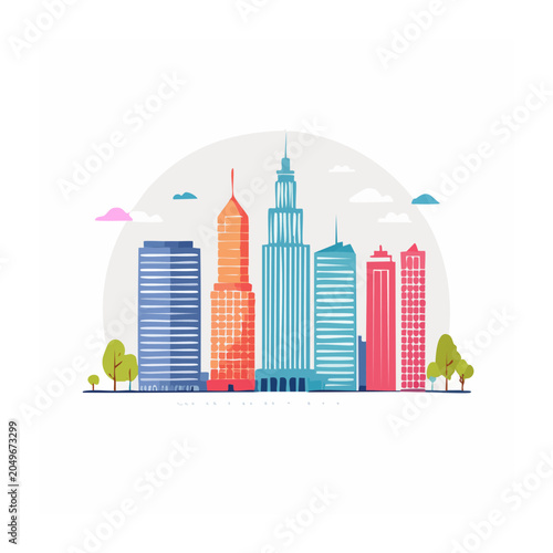 Flat design city skyline with colorful skyscrapers