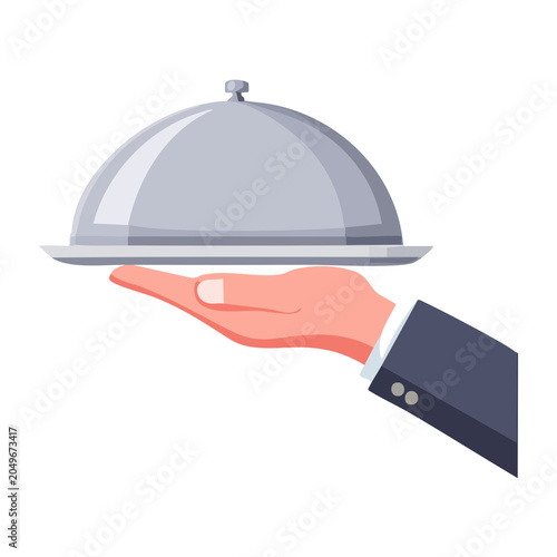 Hand in suit holding a silver serving cloche