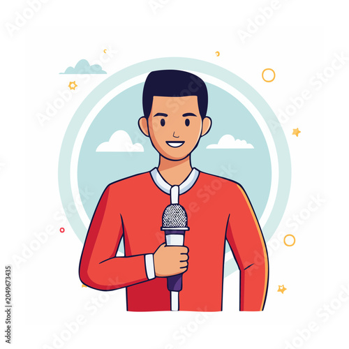 Man holding a microphone, flat design illustration