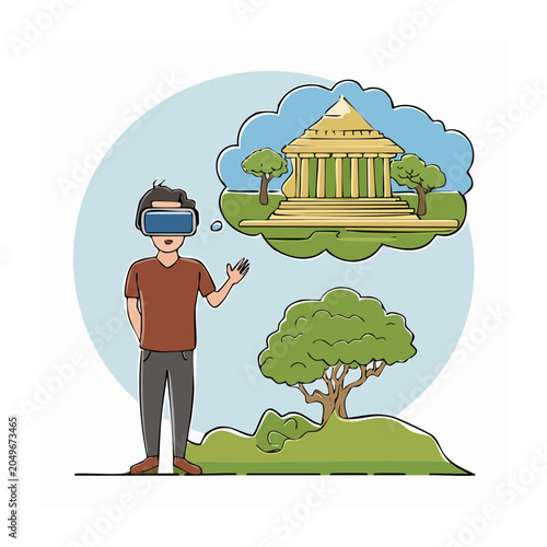 Man in VR headset dreaming of ancient building and nature