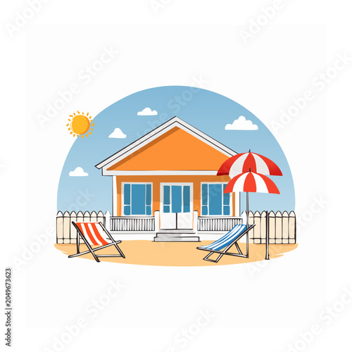 Summer beach house with chairs and umbrellas