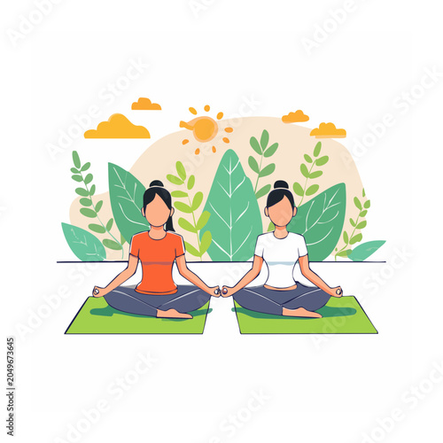 Two women meditating outdoors in flat design style