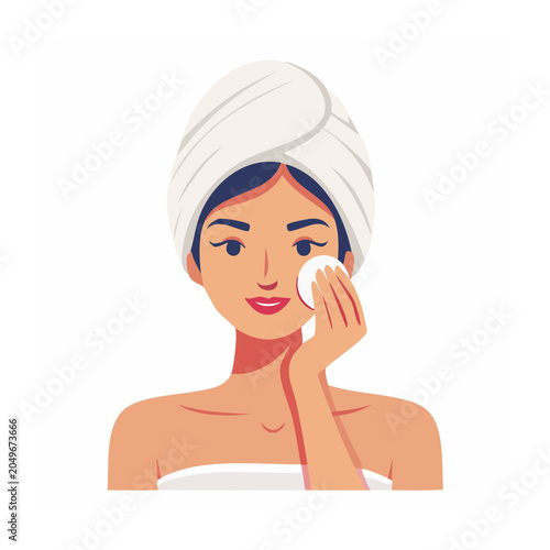 Woman cleaning face with cotton pad, flat design illustration
