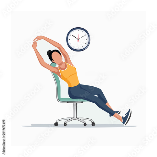 Woman stretching on office chair with clock on wall