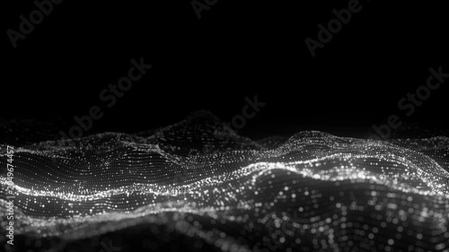 Futuristic technology wave. Digital cyberspace. Abstract wave with moving particles on a black background. Big data analytics. 3d rendering.