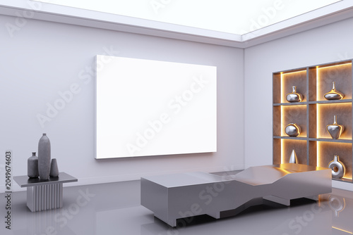 Modern gallery interior featuring large blank canvas on wall with metallic de...