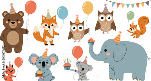 Photography Cute Cartoon Birthday Party Animals Vector Collection Featuring Elephant Bear Fo