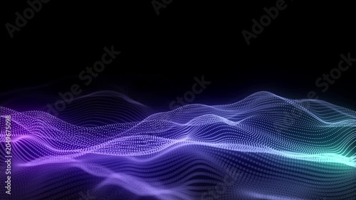 Futuristic technology wave. Digital cyberspace. Abstract wave with moving particles on a colors background. Big data analytics. 3d rendering.