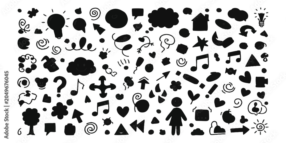 Fototapeta premium Set of black hand drawn doodle icons and design elements on a page