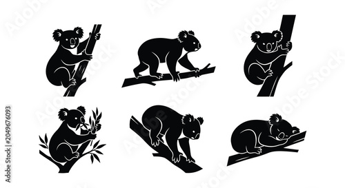 Fotografía Koala silhouettes clinging to branches black vector illustration on white backgr