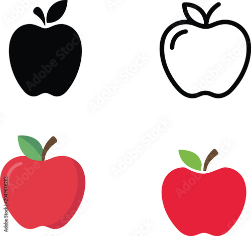 Apple vector icon set featuring flat red colors outline design and black silhouette shapes on transparent background