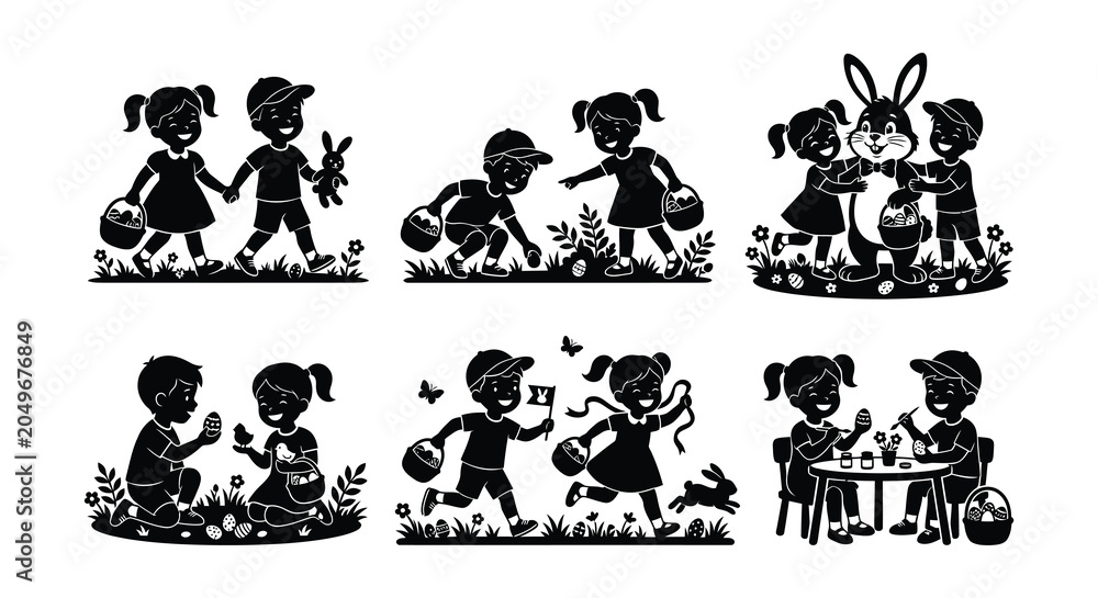 Fototapeta premium Children with easter baskets and eggs black and white vector illustration