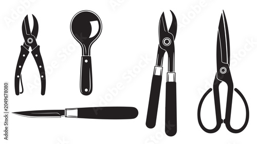 Bonsai gardening tool set icons, professional pruning shears and trimming scissors vector, black silhouette horticultural equipment for plant care