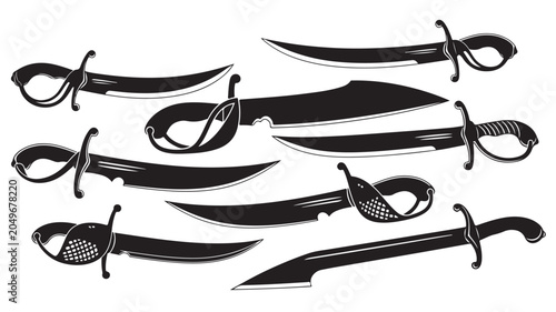 Vintage pirate cutlass sword silhouettes, set of 8 nautical sabre vector icons, antique naval blade weapon collection for maritime design