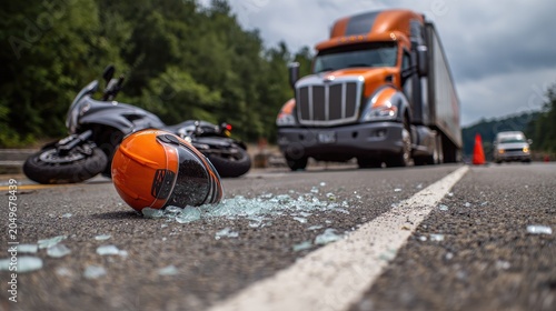 Motorcycle accident scene with damaged bike, helmet, and semi-truck