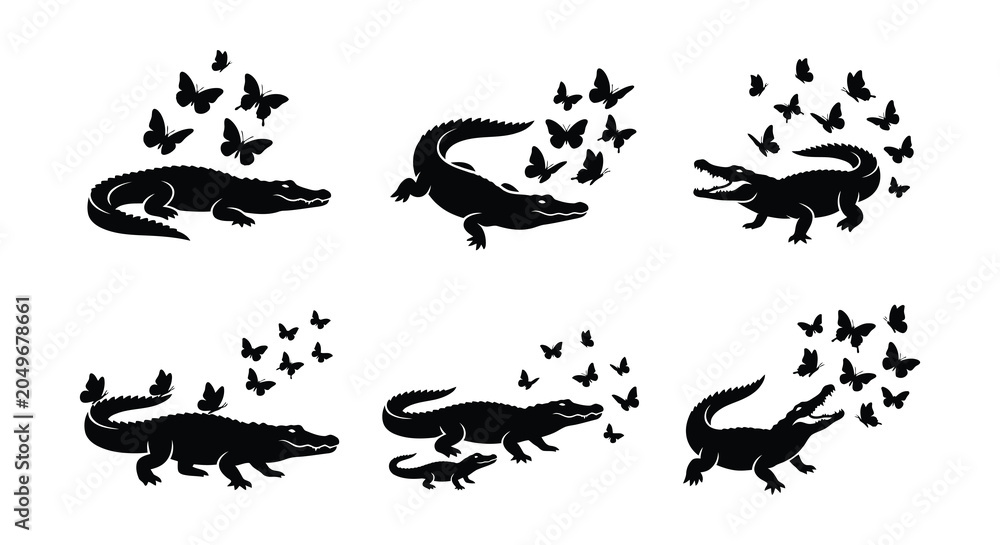 Fototapeta premium Crocodile And Butterflies Silhouette Vector Illustration On White Background
