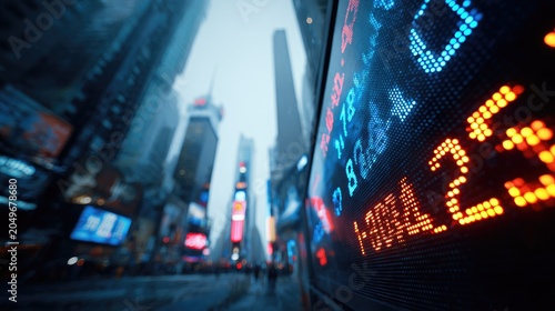 Digital stock market ticker glows brightly amidst blurred city skyscrapers and streetlights