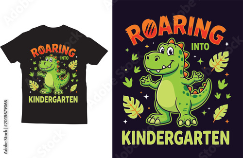 Roaring Into Kindergarten Dinosaur Back to School T Shirt Design