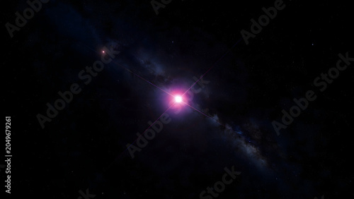 An outer space star with pink and purple colors.  space background with stars and clouds in the sky.
