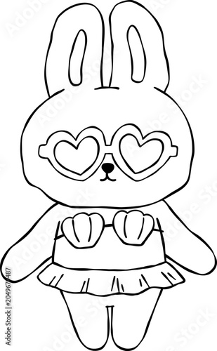 Summer bunny rabbit sassy outline standing summer vibe for Kids Coloring book or decoration sheet