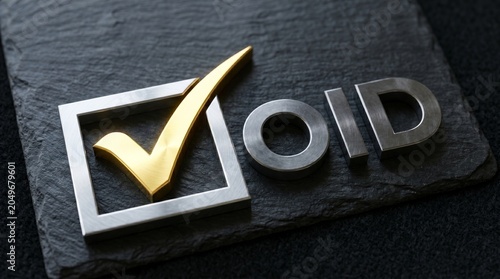 VOID text with gold checkmark on black slate background, 3D metallic lettering for legal and business concepts, cancelled contract symbol