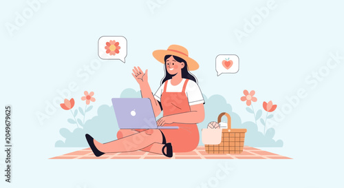Woman on Picnic Blanket with Laptop and Basket, Waving Hello with Flowers and Heart Icons