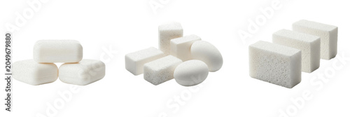 Foto Set of White Sugar Cubes and Rectangular Blocks Isolated on White, Refined Sweet
