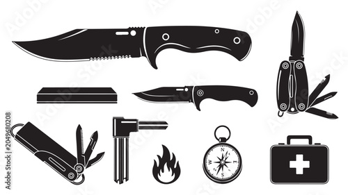Survival gear vector icons set, tactical hunting knife and multitool silhouettes, outdoor camping equipment and first aid kit symbols