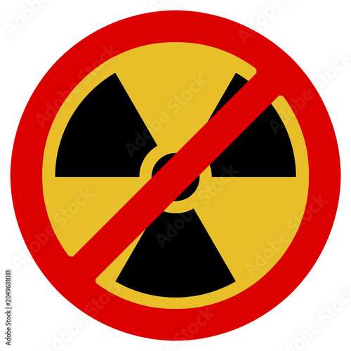 Señal de prohibido radiación aislada sobre fondo blanco, símbolo de peligro radiactivo o energía nuclear tachado