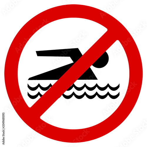 Señal de prohibido el baño orientada a la derecha aislada sobre fondo transparente, icono de prohibido nadar con silueta negra y olas.
