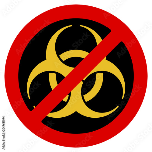 Señal de prohibido riesgo biológico aislada sobre fondo negro, símbolo de biohazard tachado en rojo y amarillo.