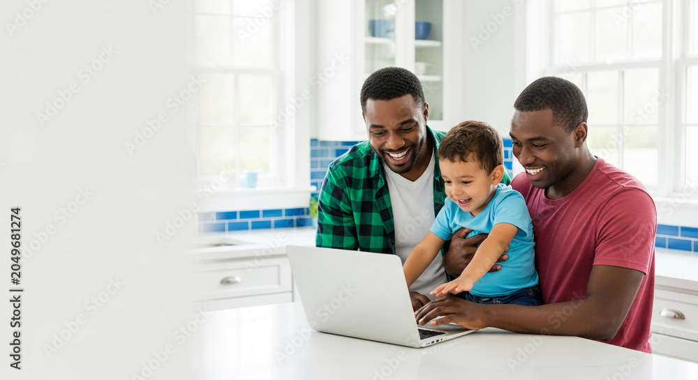 Obraz premium Two Black men and a young child smile while looking at a laptop in a bright kitchen, representing family, connection, and modern life