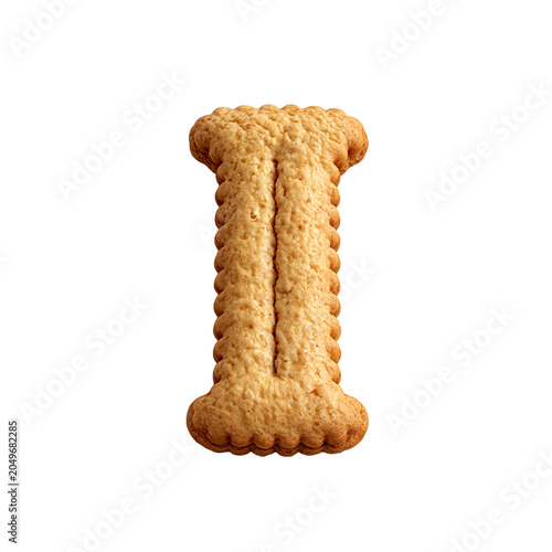 A single letter I shaped cookie on a white background, golden brown color, baked snack