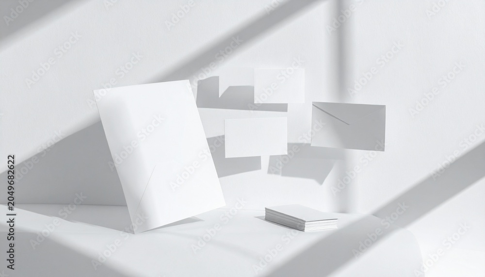 Fototapeta premium A sleek white object with floating rectangles on a surface with shadows