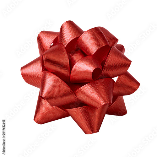 A beautifully tied red ribbon bow on a white background, symbolizing gift giving and celebration