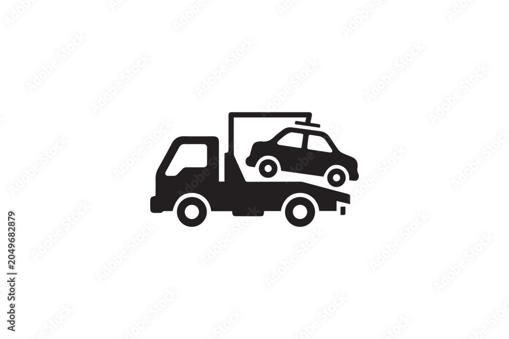 Obraz premium Tow truck lifting damaged car from road recovery vehicle transporting automobile help service assistance vehicle accident breakdown assistance.