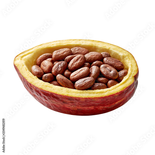 Cocoa beans in a cacao pod on a white background