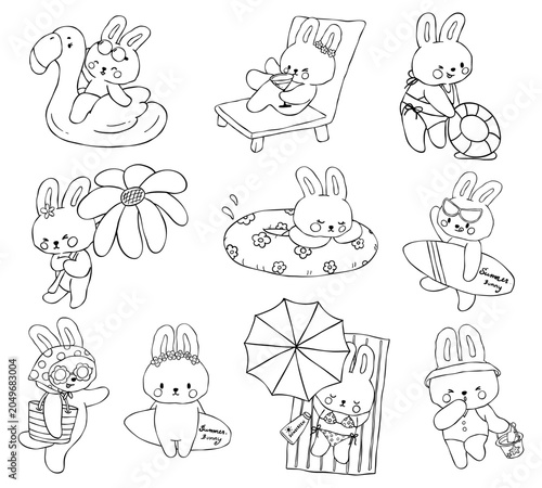 Outline Summer bunny rabbit sassy beach retro on coquette summer vibe vacation