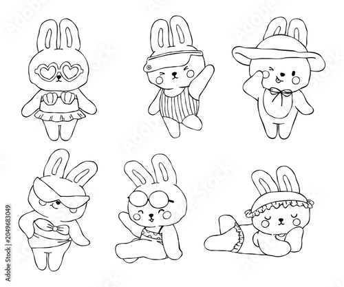 Outline sassy summer bunny rabbit retro set in summer vibe with beach accessories coquette style
