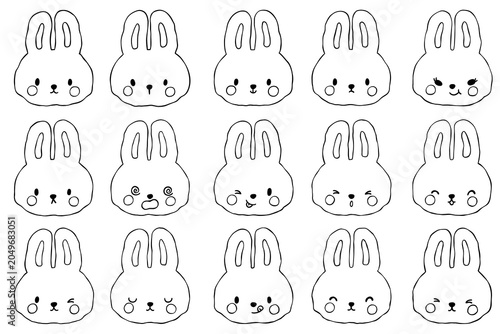 Outline bunny rabbit emoji face expression set