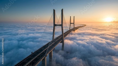 Mega-Scale Cable-Stayed Bridge Emerges from Ocean Advection Fog at Sunrise