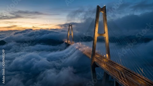 Advection Fog Swirls Around Mega Sea Bridge Towers at Sunrise