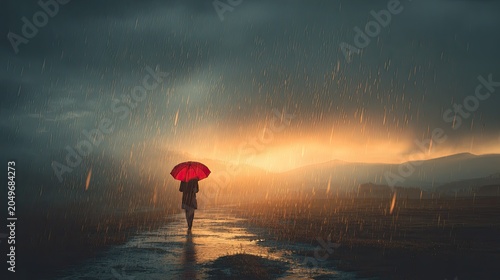 Solitary figure under a red umbrella walks through a stormy landscape at sunset
