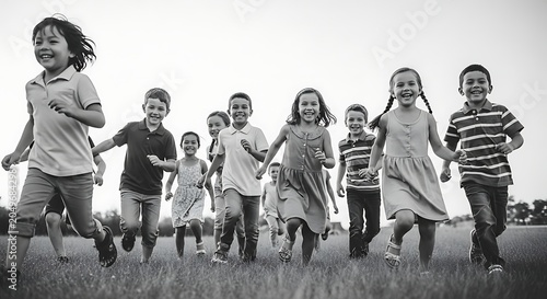 Group of diverse children running together across a grassy field outdoors.