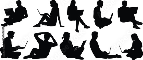 Silhouettes of People Sitting and Using Laptops in Various Poses Keywords: silhouette, people, sitting, using laptop, computer