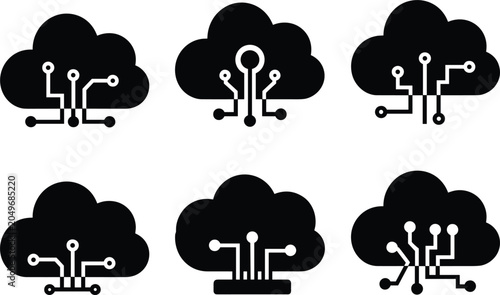 Six Black Cloud Computing Icons With Circuit Board Connections Keywords: cloud, computing, technology, icon, symbol, circuit