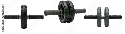 Fotografie A Set of black dual wheel ab rollers shown from different angles, isolated on wh
