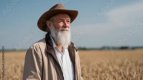 Elderly Farmer Wearing Hat Gazing Out Over Golden Wheat Field