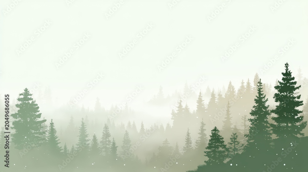 Fototapeta premium Misty forest landscape with layers of evergreen trees fading into a pale foggy background, abstract story book background for kids